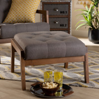 Baxton Studio BBT8040-Grey/Walnut-Footstool Naeva Mid-Century Modern Grey Fabric Upholstered Walnut Finished Wood Footstool